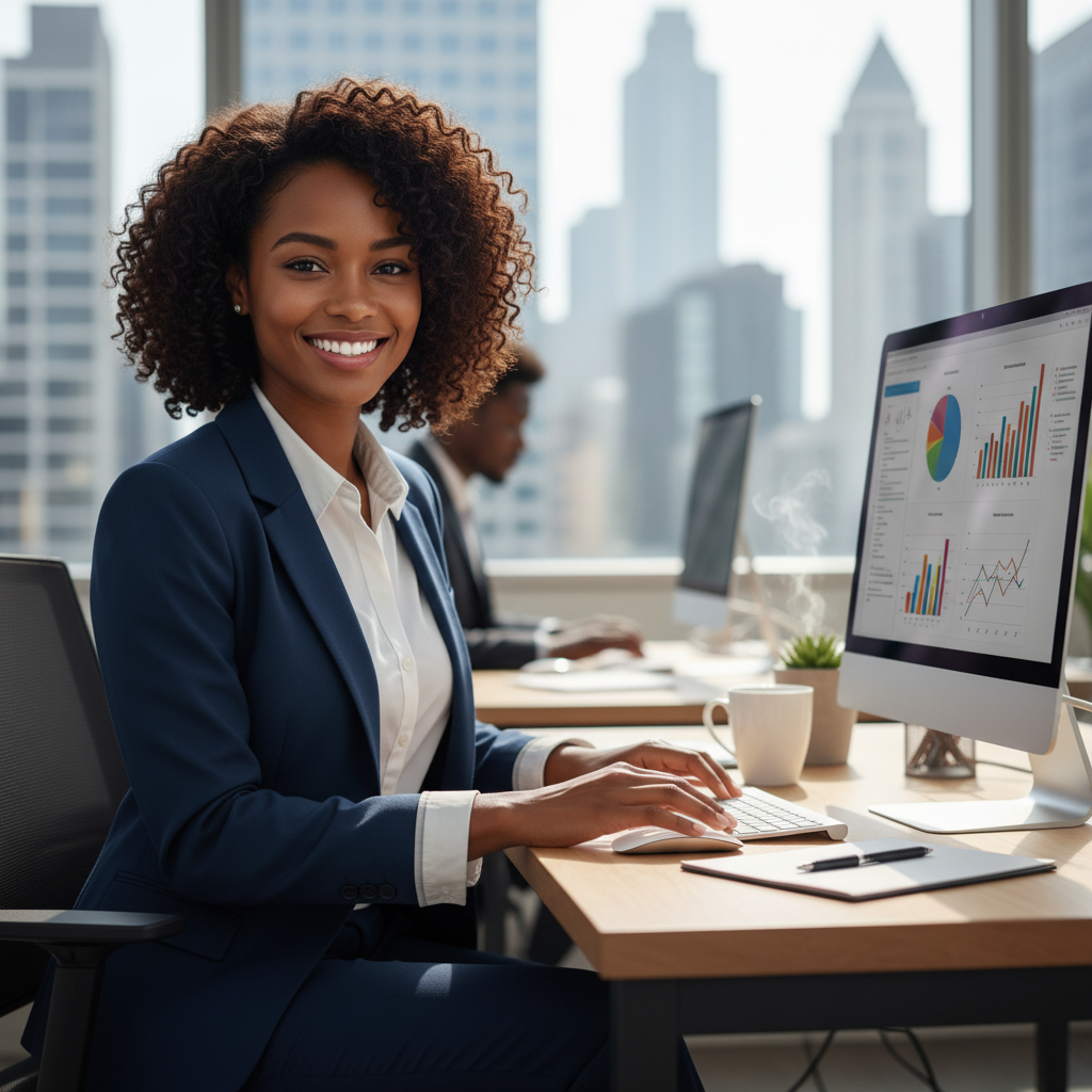 A smiling Nigerian lady at a desk, ready to assist.